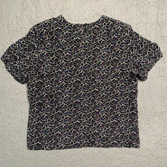 Anna and Frank Silk Blouse L Top Shoulder Pads Black geometric coastal vintage - Picture 3 of 6